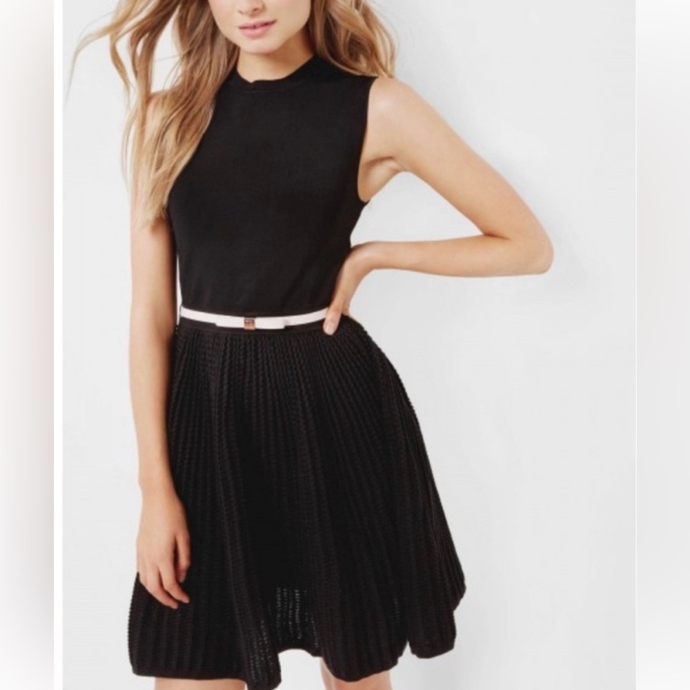 NWT • Ted Baker Alicii Bow Belt Knit Dress, Black and Pink